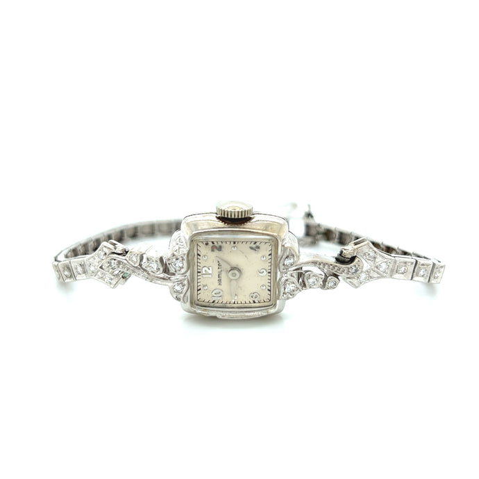 1940's 14K White Gold Art Deco Hamilton Watch w/ Diamonds