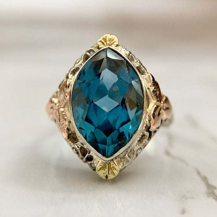 Filigree 14K Tri-Color Art Deco Synthetic Blue Spinel Ring