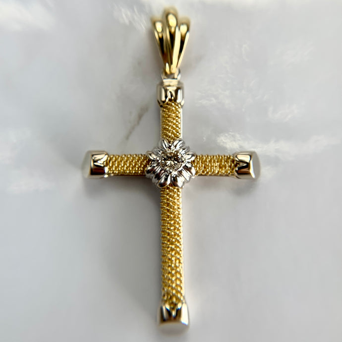 Vintage 18K Two-Tone Handmade .20ct Diamond Large Cross Pendant