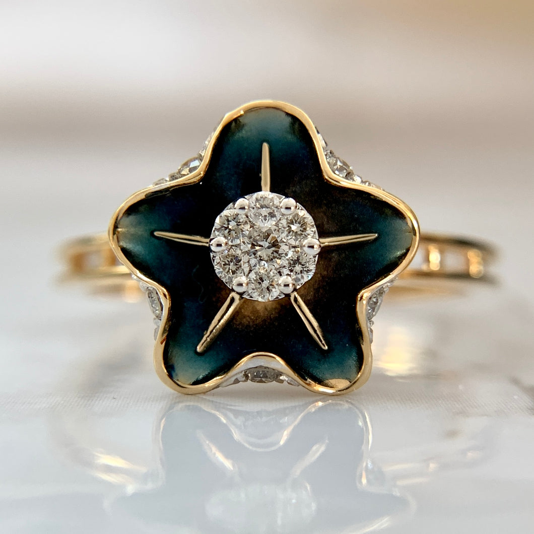 New 14K Yellow Gold .20ctw Diamond Colored Rhodium Flower Ring