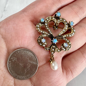 Antique 14K Yellow Gold Opal and Seed Pearl Brooch