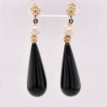 Load image into Gallery viewer, 14K Yellow Gold Onyx and Pearl Drop Dangle Earrings