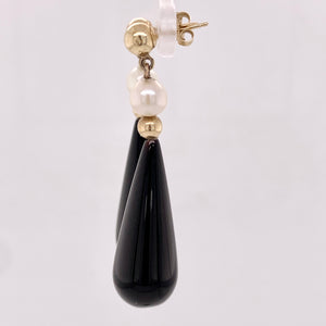 14K Yellow Gold Onyx and Pearl Drop Dangle Earrings