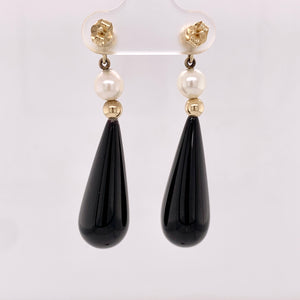 14K Yellow Gold Onyx and Pearl Drop Dangle Earrings