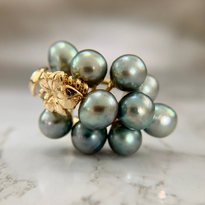 Retro 14K Yellow Gold Tahitian Pearl Grape Motif Cluster Ring