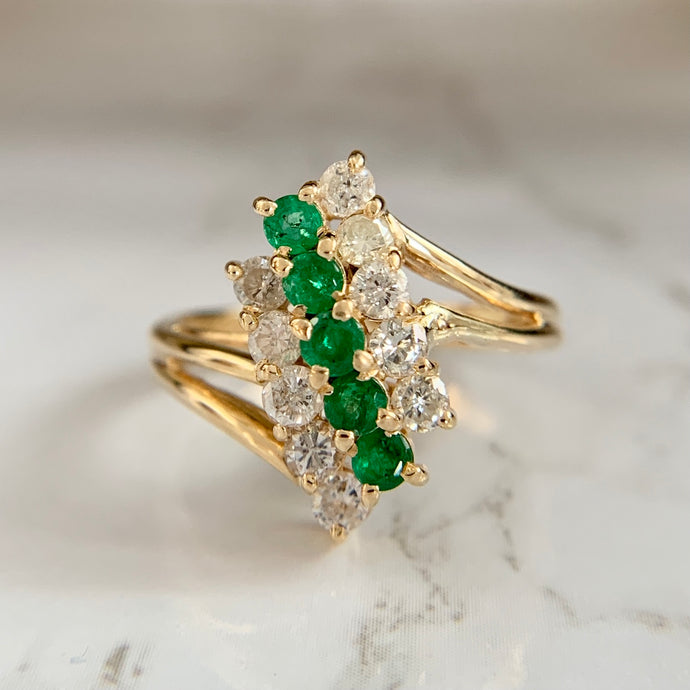 14K Yellow Gold Emerald and Diamond Cluster Ring