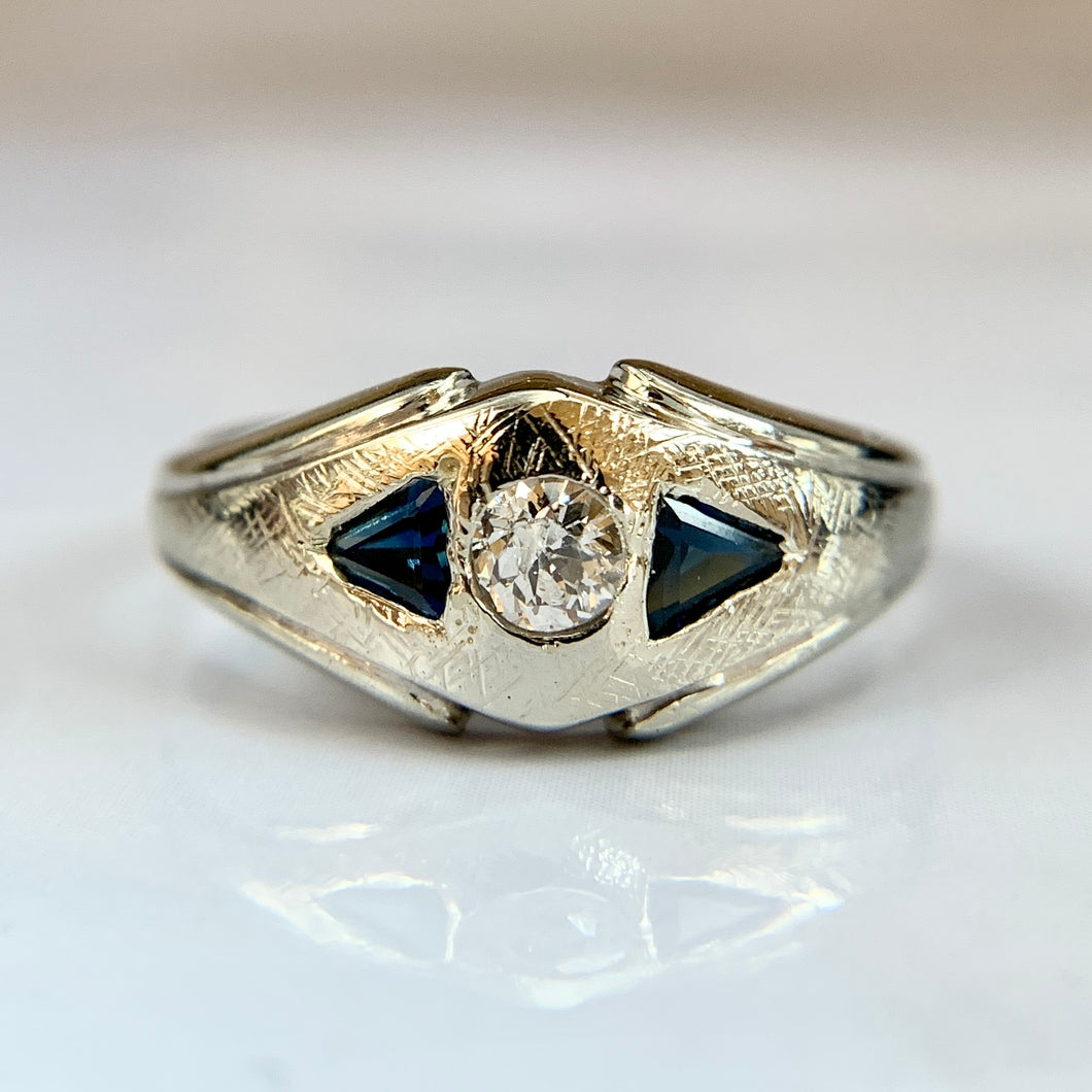 14k White Gold Old European Diamond and Sapphire Ring