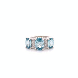 10K White Gold 3-Stone Blue Topaz and Diamond Ring