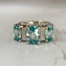 Load image into Gallery viewer, 10K White Gold 3-Stone Blue Topaz and Diamond Ring
