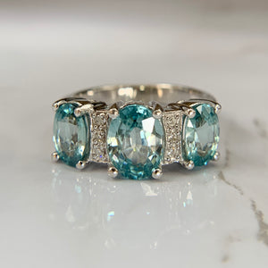 10K White Gold 3-Stone Blue Topaz and Diamond Ring