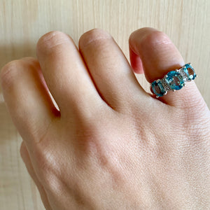 10K White Gold 3-Stone Blue Topaz and Diamond Ring