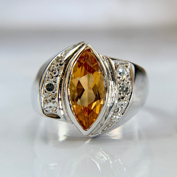 Retro 14K White Gold Natural Citrine and .16ctw Diamond Ring