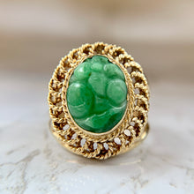 Load image into Gallery viewer, 14K Yellow Gold Carved Green Jade Openwork Ring