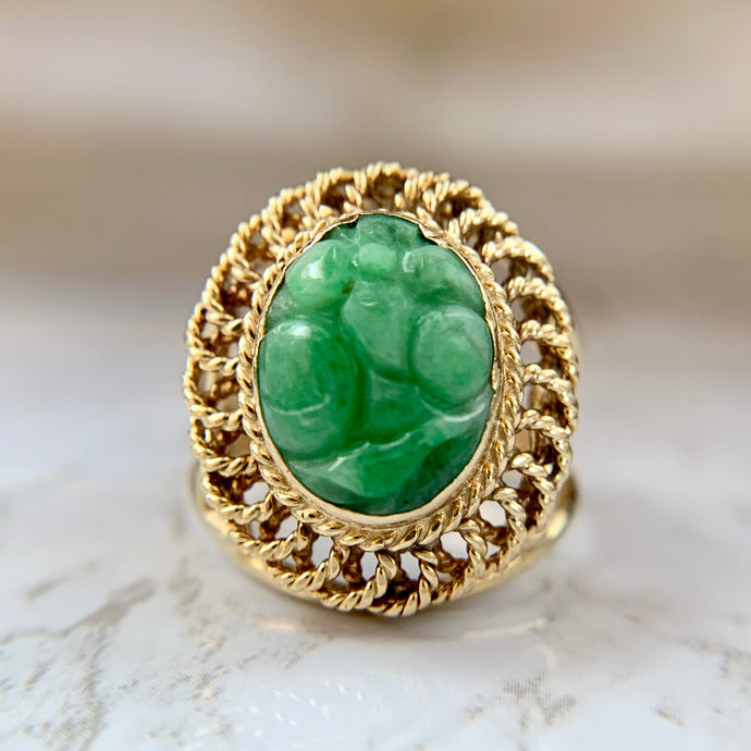 14K Yellow Gold Carved Green Jade Openwork Ring