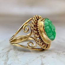 Load image into Gallery viewer, 14K Yellow Gold Carved Green Jade Openwork Ring