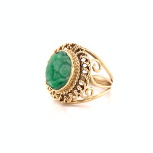 14K Yellow Gold Carved Green Jade Openwork Ring