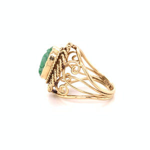 14K Yellow Gold Carved Green Jade Openwork Ring