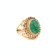 Load image into Gallery viewer, 14K Yellow Gold Carved Green Jade Openwork Ring