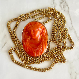 14K Yellow Gold Red Coral Cameo Brooch Pendant w/ 30" Gold Filled Chain