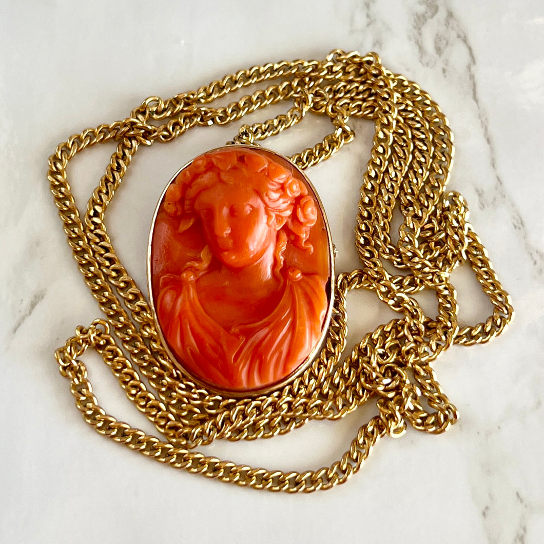 14K Yellow Gold Red Coral Cameo Brooch Pendant w/ 30
