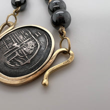 Load image into Gallery viewer, Vintage 18K Gold Hematite 17&quot; Necklace w/ Phillip III 2 Real Mexican Silver Coin