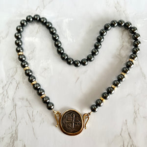 Vintage 18K Gold Hematite 17" Necklace w/ Phillip III 2 Real Mexican Silver Coin