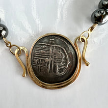 Load image into Gallery viewer, Vintage 18K Gold Hematite 17&quot; Necklace w/ Phillip III 2 Real Mexican Silver Coin