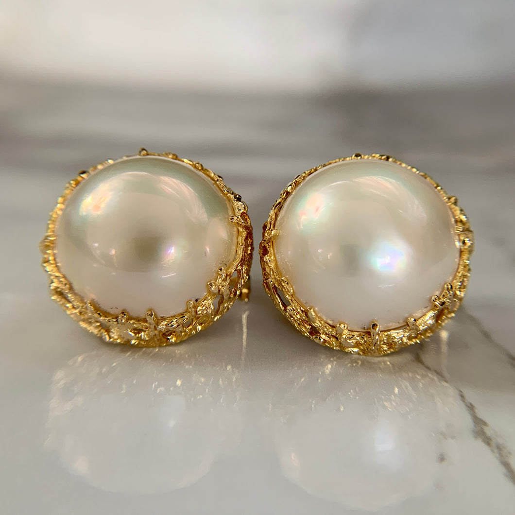 Chunky 14K Yellow Gold Mabe Pearl Statement Omega Back Earrings