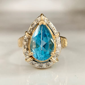 14K Two-Tone Pear Cut Blue Topaz and Diamond Statement Ring
