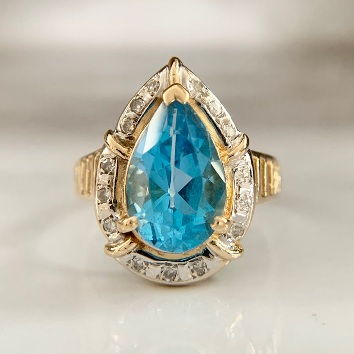14K Two-Tone Pear Cut Blue Topaz and Diamond Statement Ring