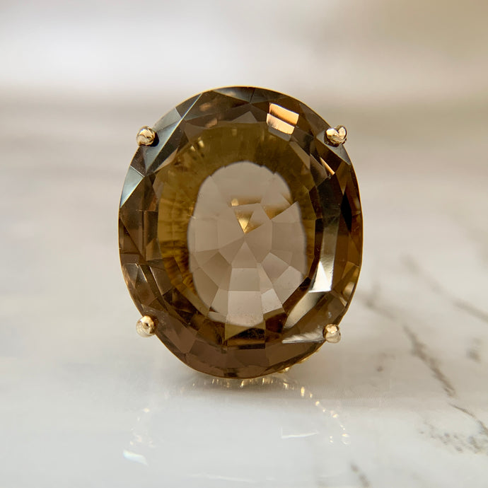 Chunky 18K Yellow Gold Oval Smoky Quartz Statement Ring