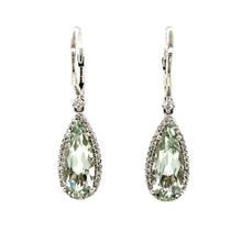 Load image into Gallery viewer, 14K White Gold Tear Drop Prasiolite and VS Diamond Earrings