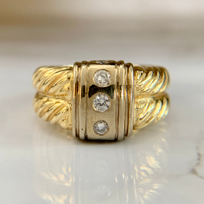 14K Yellow Gold Diamond Rope Twist Statement Ring