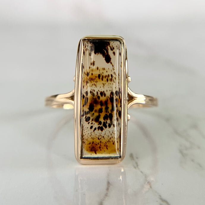 Vintage 10K Yellow Gold Dendritic Agate Elongated Ring