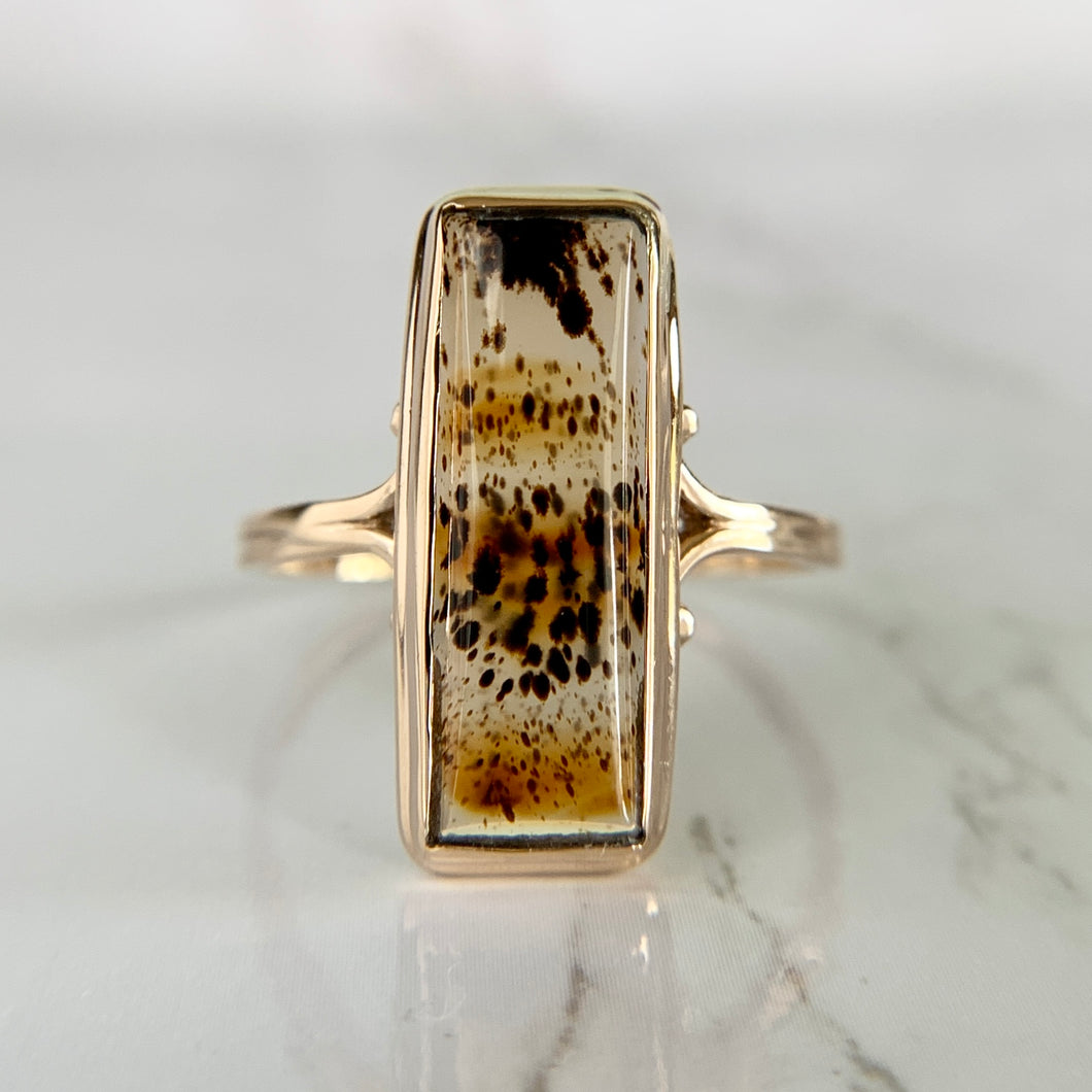 Vintage 10K Yellow Gold Dendritic Agate Elongated Ring