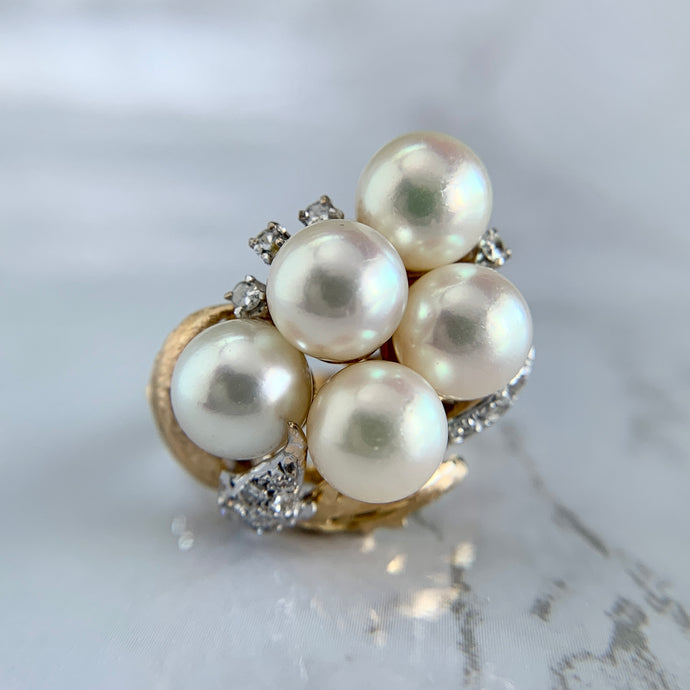 Retro 18K Yellow Gold Akoya Pearl Cluster and Diamond Ring