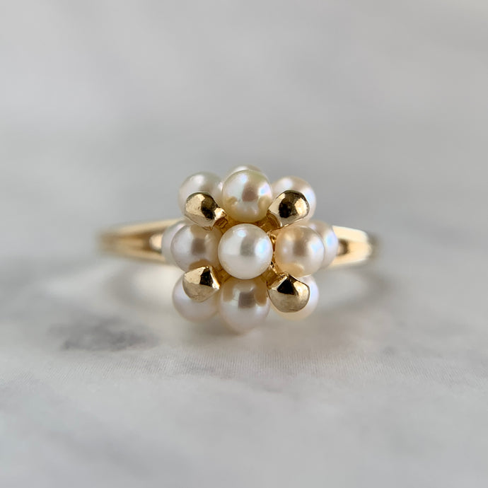 14K Yellow Gold Small Cultured Pearl Cluster Ring