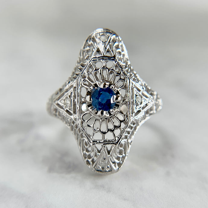 14K White Gold Natural Sapphire and Diamond Filigree Shield Ring