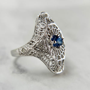 14K White Gold Natural Sapphire and Diamond Filigree Shield Ring