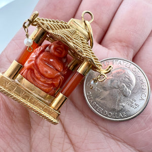 18K Gold Natural Red Coral Carved Buddha Amulet Pendant w/ Pearls