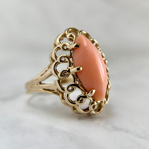 14K Yellow Gold Natural Coral Openwork Navette Ring