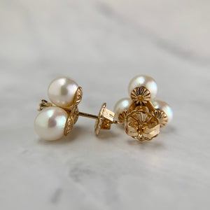 14K Yellow Gold Triple Akoya Pearl and Diamond Earrings