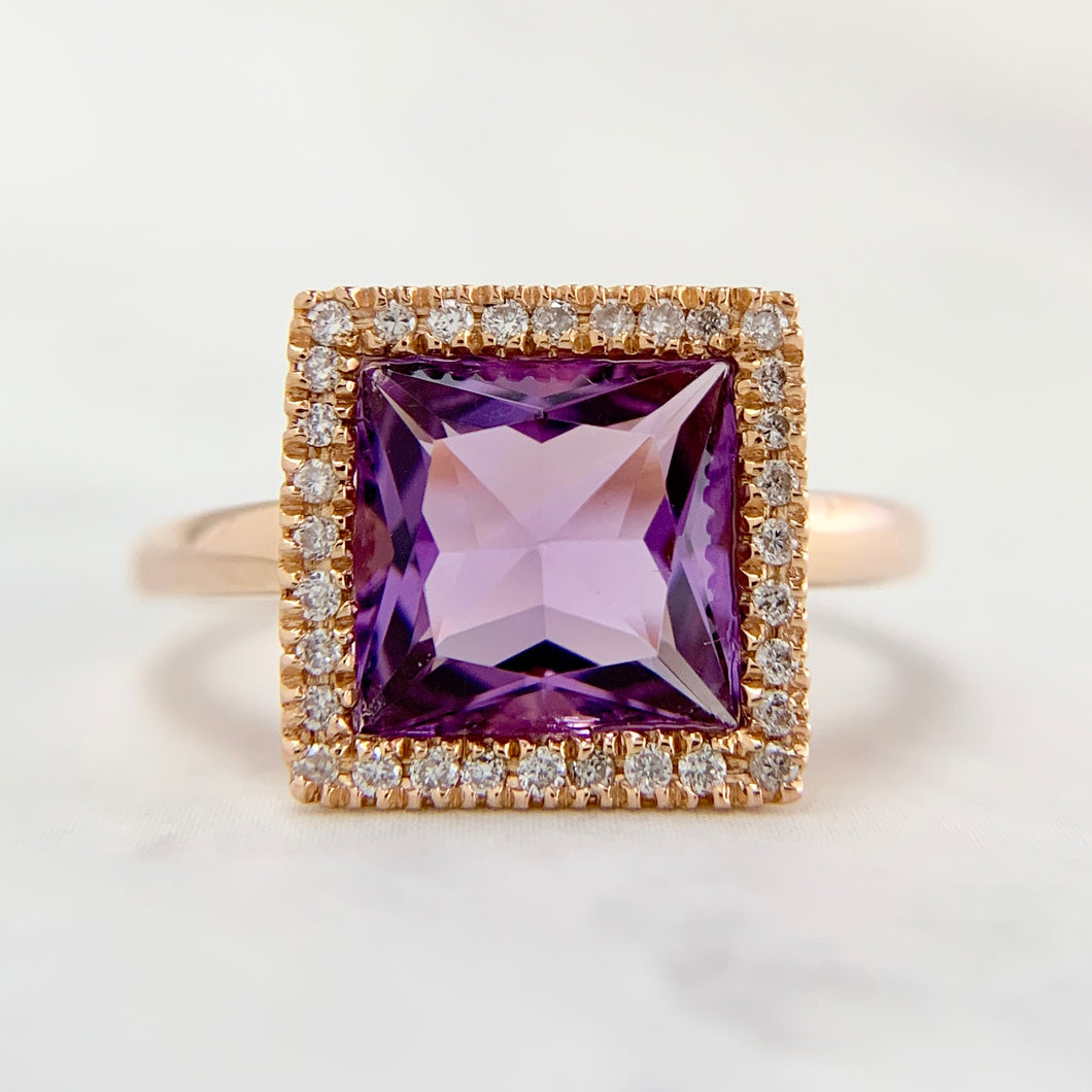 18K Rose Gold 7.44ct Amethyst Diamond Statement Ring