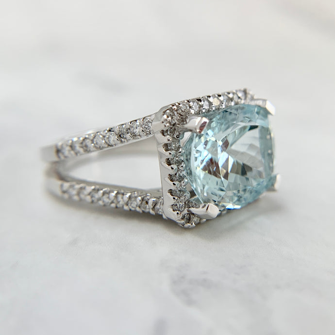 14K White Gold Portuguese Cut Aquamarine and Diamond Ring