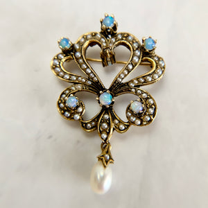 Antique 14K Yellow Gold Opal and Seed Pearl Brooch