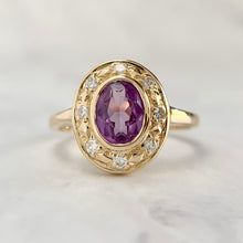 Load image into Gallery viewer, 14K Yellow Gold Synthetic Sapphire Diamond Halo Ring