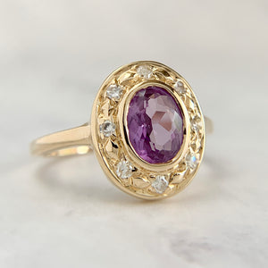 14K Yellow Gold Synthetic Sapphire Diamond Halo Ring