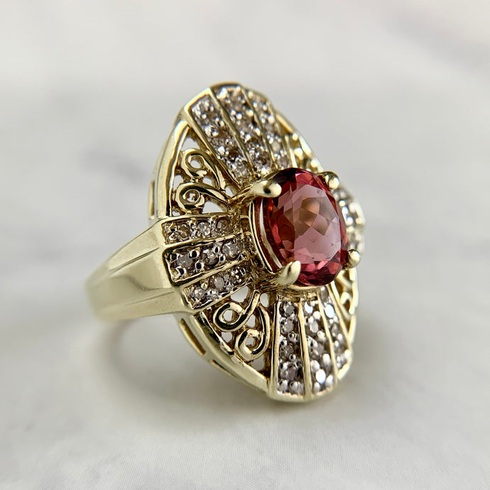 Vintage 14K Yellow Gold 2.30ct Pink Tourmaline and Diamond Shield Ring