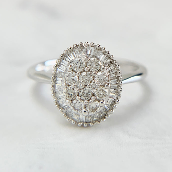 18K White Gold Diamond Cluster Oval Ballerina Ring