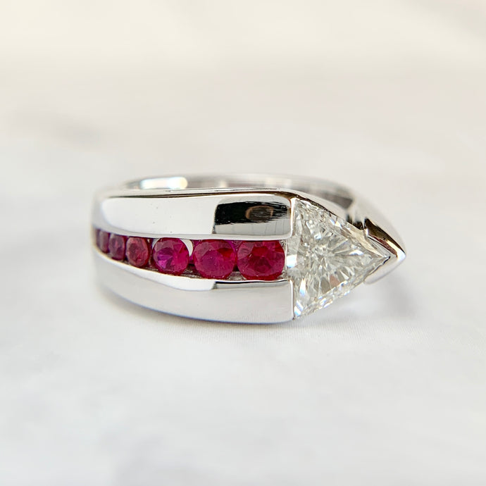 Modernist 14K White Gold Ruby and Trillion Cut Diamond Ring